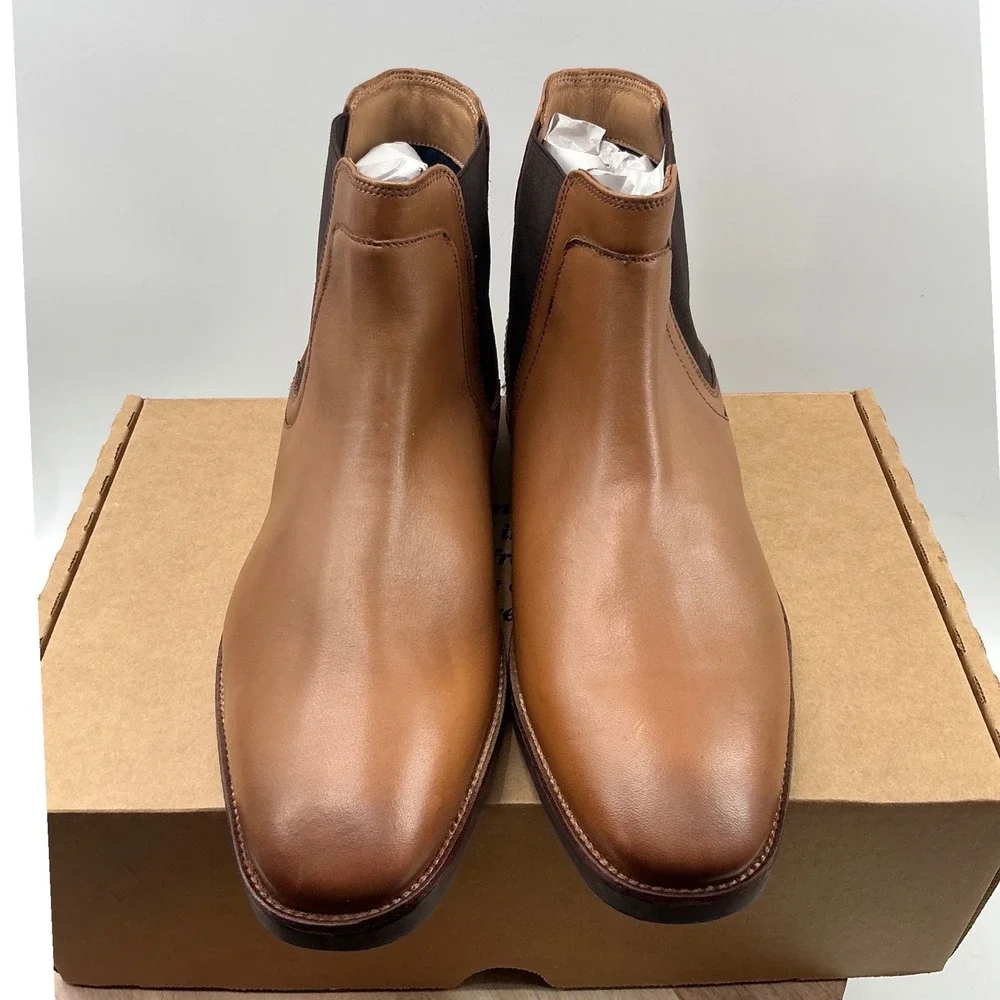Johnston & Murphy Mens Tan Leather Chelsea Boots Burnished Almond Toe Pull On